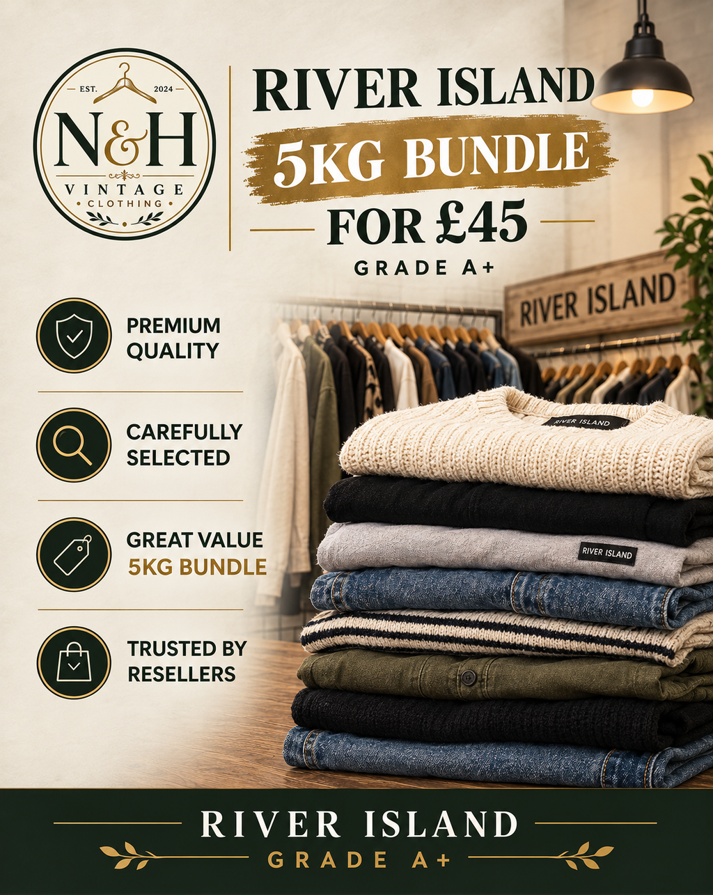 River Island Grade A+ 5kg Bundle | Men's & Women's Wholesale Clothing – £45