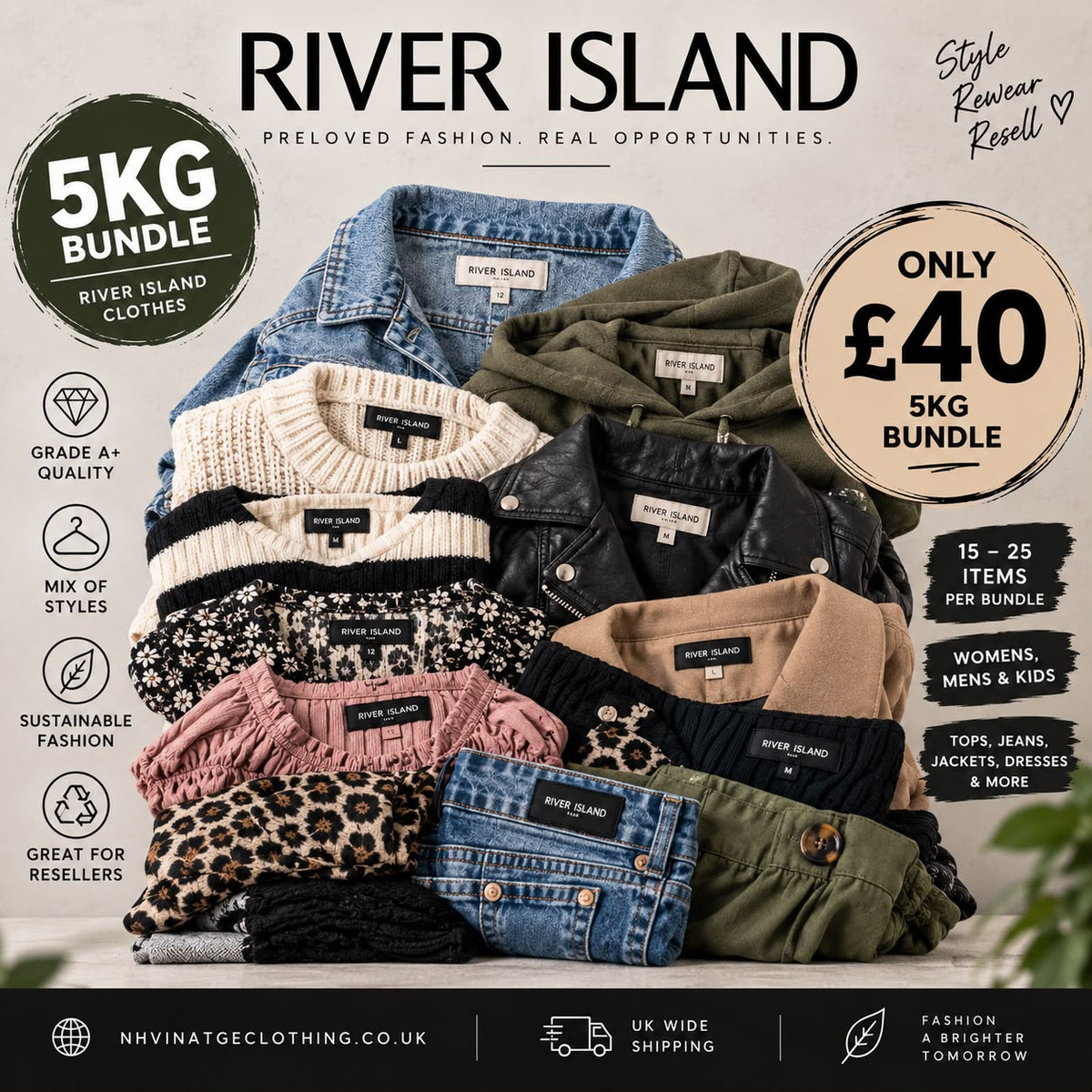 River Island Grade A+ 5kg Bundle | Men's & Women's Wholesale Clothing – £45