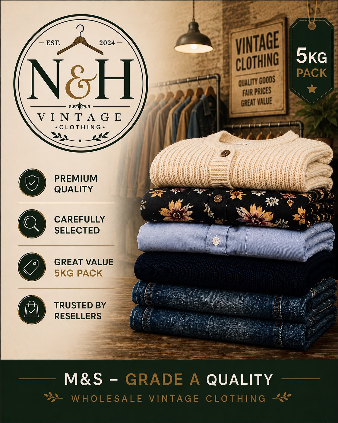 M&S 5kg Grade A+ wholesale clothing bundle with folded men's and women's clothing
